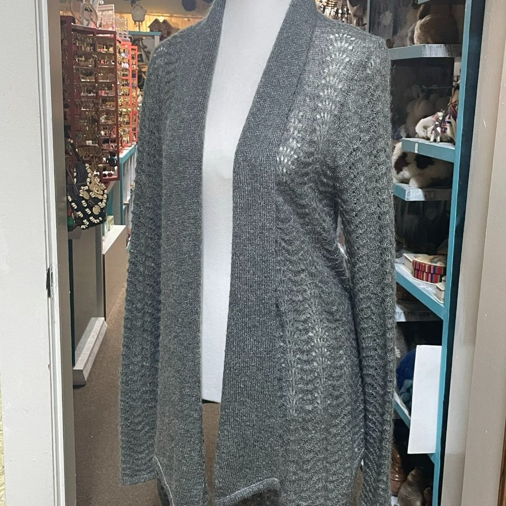 EUC FEVER DESIGNER DK SAGE GREEN MOHAIR KNIT CASCADING FRONT NO BUTTON CARDIGAN